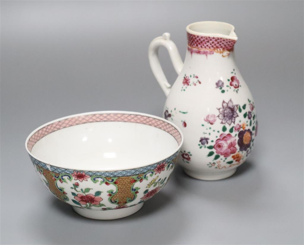 An 18th century Chinese export ceramic jug, lacking cover, together with a famille rose bowl, tallest 15cm